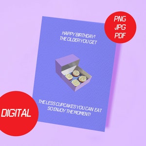 PDF, JPG, PNG Quanto mais velho você fica, menos cupcakes você pode comer – Download digital de cartão postal moderno de feliz aniversário