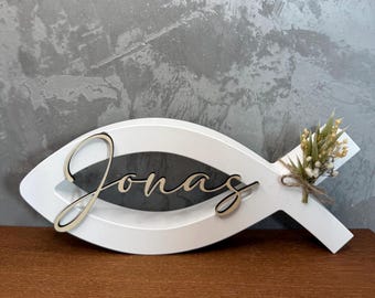 Fisch groß personalisiert mit Namen Raysin Holz  Fische  Konfirmation Taufe Kommunion Firmung Tischdeko Altar Glaube