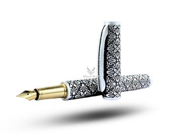 酸化スターリングシルバー万年筆 - クラシックな花柄デザイン