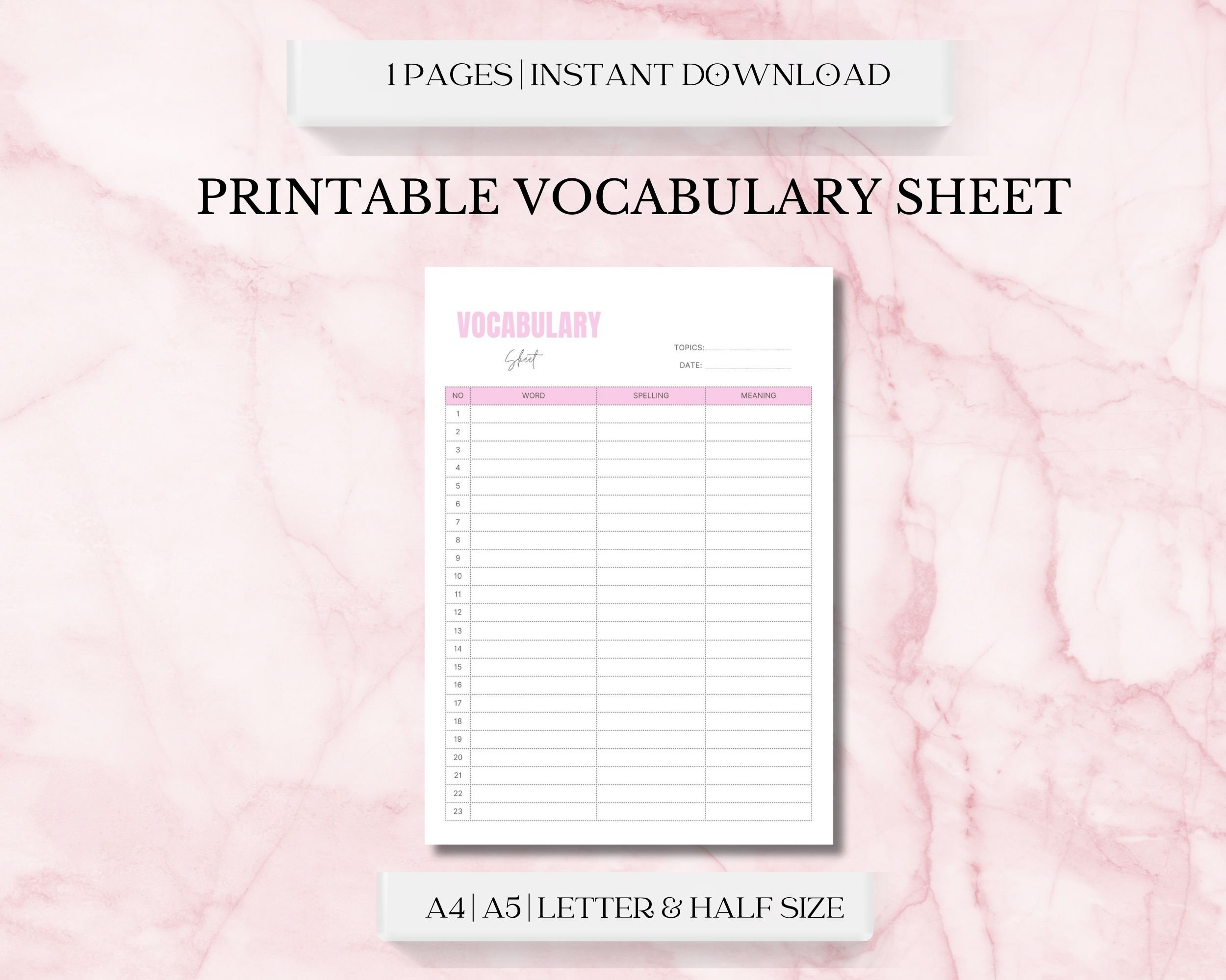 Vocabulary Sheet Printable Vocabulary Sheet Vocabulary List - Etsy