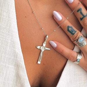 Silver Cross Mens Christian Necklace, Strength Pendant Necklace, Christian Gift, Handmade Jewelry, Boyfriend Gift, Womens Christian Necklace