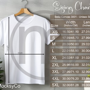 Bella Canvas 3001 Sizing Cart, Unisex Mockup, imperiale en metrische maten inbegrepen, inches en centimeters, Bella Canvas TShirt Mockup, Tee