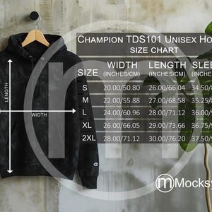 チャンピオン TDS101 パーカー サイズ カート、ユニセックス モックアップ、ヤードポンド法とメートル法のサイズを含む、インチとセンチメートル、パーカー サイズ表