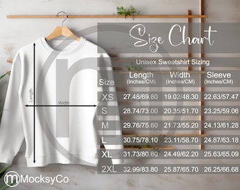 Tabla de tallas AOP de suéter unisex MWW, maqueta de impresión completa, tamaños imperiales y métricos incluidos, pulgadas y centímetros, MWW on Demand