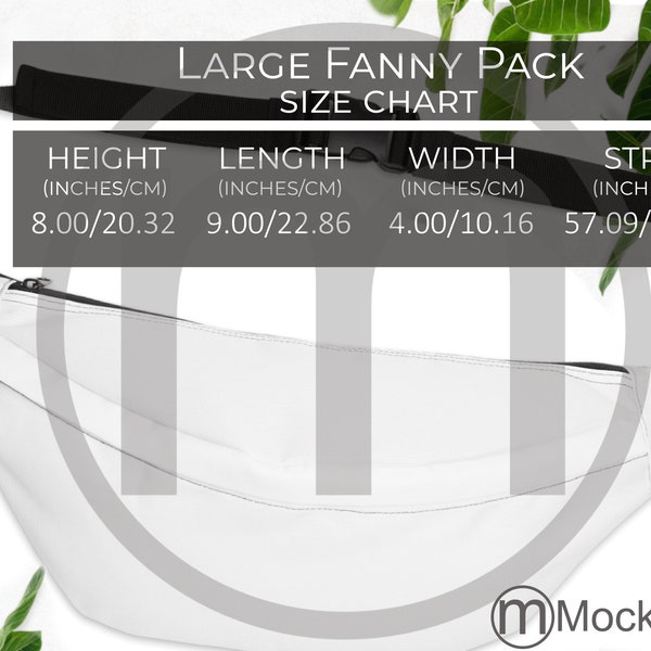 Smart Printee  Large Fanny Pack AOP Size Chart, All Over Print Mockup, Imperial Metric Sizes Included Inches Centimeters, Printify Product