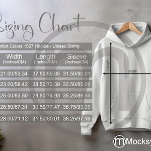 Comfort Colors 1567 Hoodie Sizing Cart, Unisex Mockup, imperiale en metrische maten inbegrepen, inches en centimeters, Hoodie Mockup