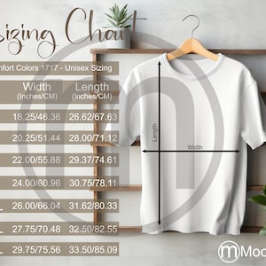 Comfort Colors 1717 T-shirt Sizing Cart, Unisex Mockup, imperiale en metrische maten inbegrepen, inches en centimeters, TShirt Mockup