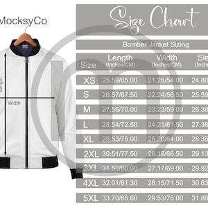 Puede incluir: Tabla de tallas para chaquetas bomber con medidas en pulgadas y centímetros. La tabla muestra la longitud, el ancho y la longitud de la manga para las tallas XS a 5XL.