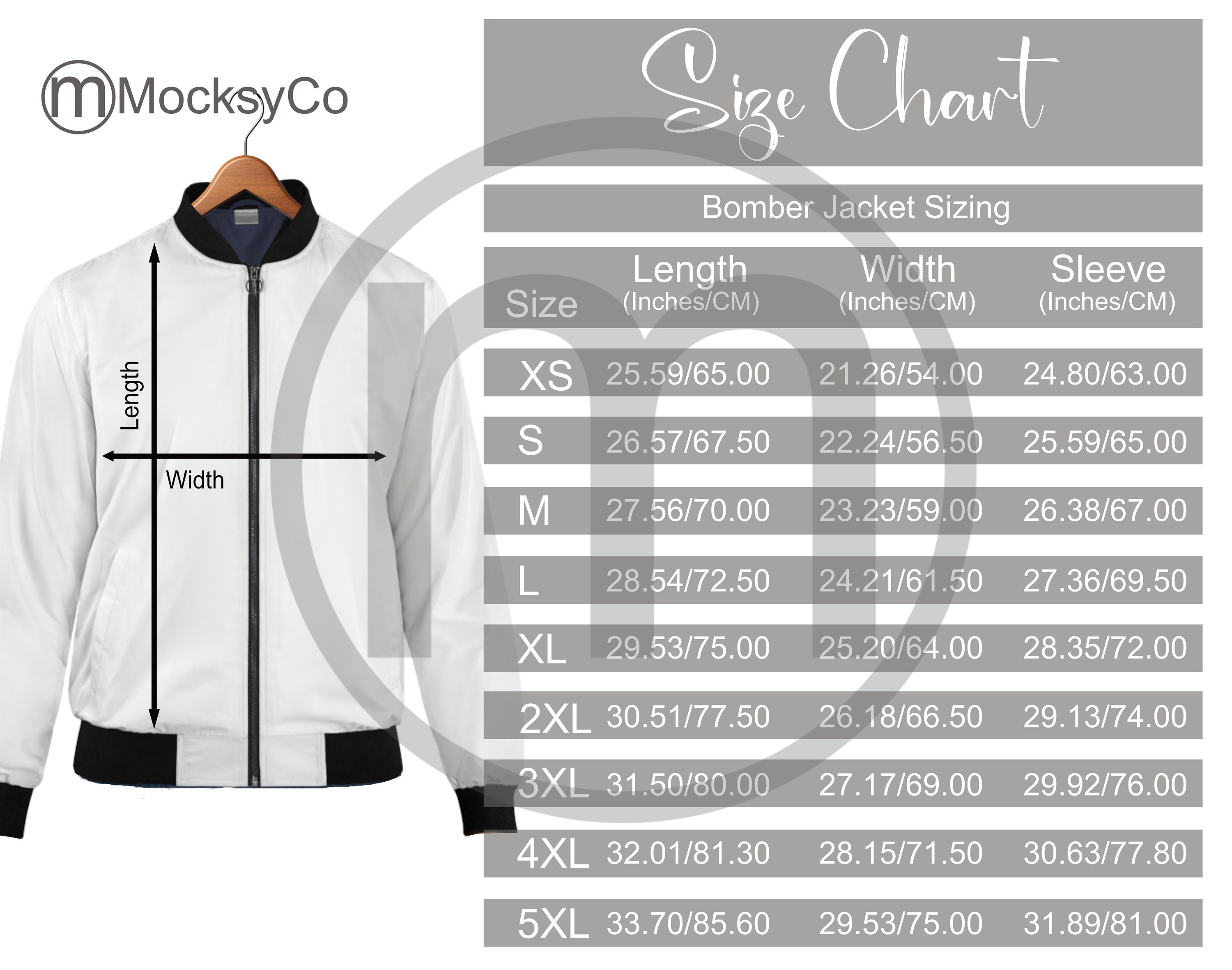 Artsadd Bomber Jacket AOP Size Chart All Over Print Mockup, Imperial ...