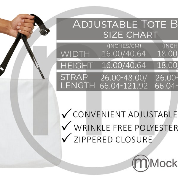 MWW Adjustable Tote Bag Size Chart All Over Print Mockup, Imperial Metric Sizes Included Inches Centimeters Printify Product 2 Versions