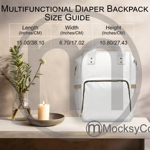 ArtsAdd Multifunctional Diaper Backpack AOP Size Chart All Over Print Mockup, Imperial Metric Sizes Included Inches Centimeters