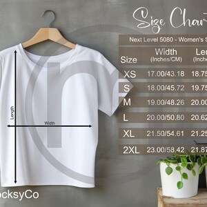 Next Level 5080 Carrito de tallas de camiseta corta para festival para mujer, maqueta unisex, tamaños imperial y métrico incluidos, pulgadas y centímetros