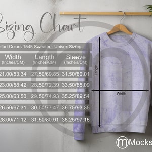 Comfort Colors 1545 Sweater Sizing Cart, Unisex Mockup, Imperial en metrische maten inbegrepen, inches en centimeters, Sweatshirt Mockup