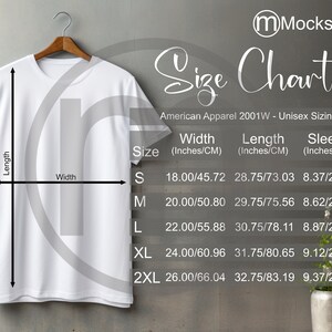 American Apparel 2001W T-Shirt Sizing Cart, Unisex Mockup, Imperial and Metric Sizes Included, Inches and Centimeters, TShirt