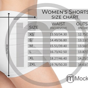 Tabla de tallas AOP de pantalones cortos para mujer de MWW, maqueta con impresión completa, tallas imperiales y métricas incluidas, pulgadas y centímetros, MWW on Demand