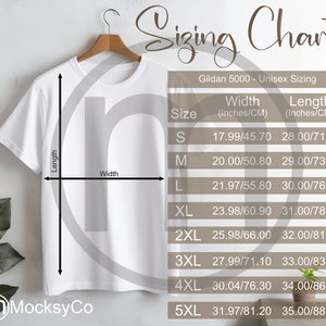 Gildan 5000 T-shirt Sizing Cart, Unisex Mockup, imperiale en metrische maten inbegrepen, inches en centimeters, TShirt Mockup