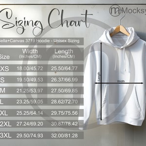 Bella Canvas 3719 Hoodie Sizing Cart, Unisex Mockup, Imperial und metrische Größen enthalten, Zoll und Zentimeter, Hoodie Größentabelle 3719