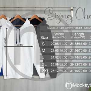 AWDIS JH003 Varsity Hoodie Sizing Cart, Unisex Mockup, Imperial and Metric Sizes Included, Inches and Centimetres, Hoodie size chart JH003