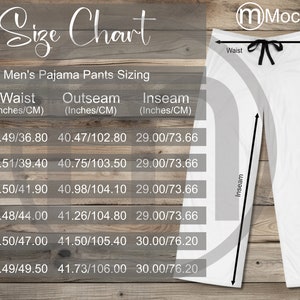 MWW Herren Pyjama Hose AOP Größentabelle, All Over Print Mockup, Imperial und metrische Größen enthalten, Zoll und Zentimeter, MWW auf Anfrage