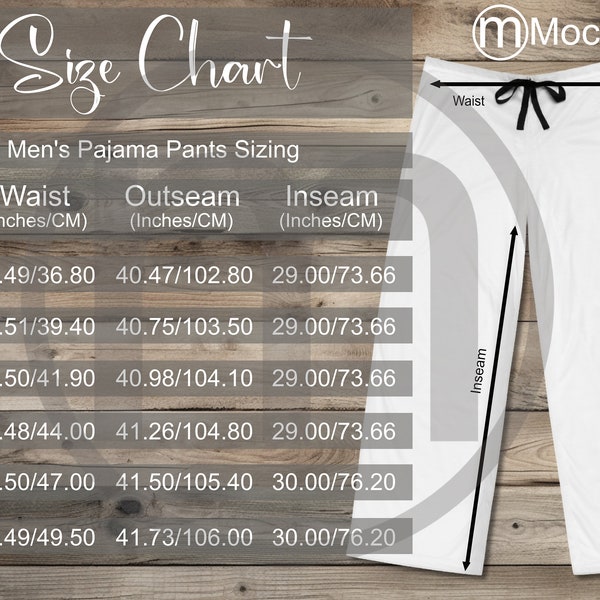 MWW Men's Pajama Pants AOP Size Chart, All Over Print Mockup, Imperial and Metric Sizes Included, Inches and Centimeters, MWW on Demand