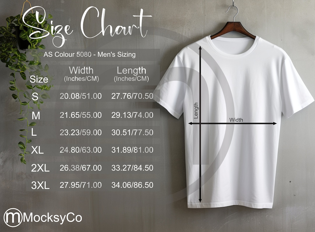 AS Colour 5080 Men's T-shirt Size Chart, Unisex Mockup, Imperial