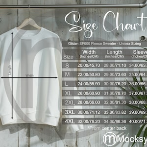 Gildan SF000 Unisex fleece trui maattabel, imperiale en metrische maten inbegrepen, inches en centimeters, grootformaat