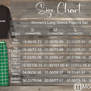 Awkward Styles Women&#39;s Long Sleeve Pajama Set Size Chart Mockup, Imperial Metric Sizes Included Inches Centimeters, Supasoft Apparel