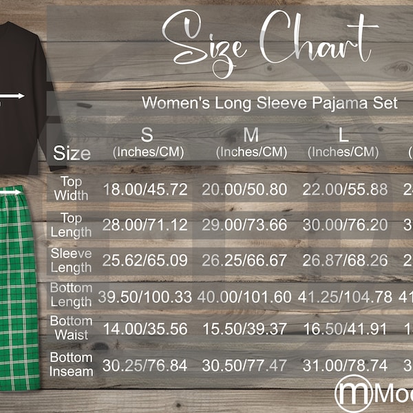 Awkward Styles Women's Long Sleeve Pajama Set Size Chart Mockup, Imperial Metric Sizes Included Inches Centimeters, Supasoft Apparel