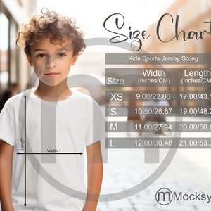 Miami Sublimation Kids&#39;s Sports Jersey AOP Size Chart All Over Print Mockup, Imperial Metric Sizes Included Inches Centimeters Printify