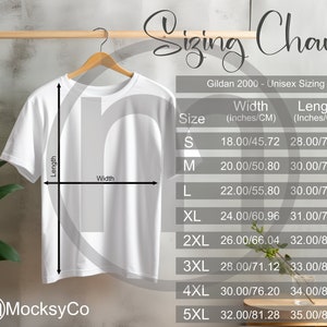 Gildan 2000 T-shirt Sizing Cart, Unisex Mockup, imperiale en metrische maten inbegrepen, inches en centimeters, TShirt Mockup