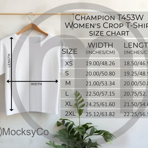 チャンピオン T453 レディース クロップ T シャツ サイズ カート、ユニセックス モックアップ、ヤードポンド法とメートル法のサイズを含む、インチとセンチメートル、T シャツ サイズ チャート