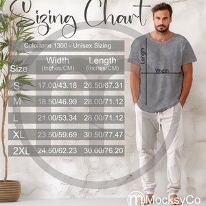 Colortone 1300 Mineral Wash T-shirt Sizing Cart, Unisex Mockup, Imperial en Metrische maten inbegrepen, Inches en Centimeters, TShirt Mockup