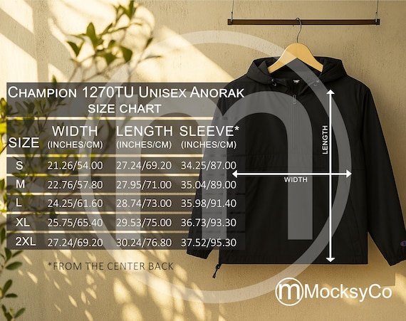 Champion 1720TU Anorak Jacket Sizing Cart, Unisex Mockup, Imperial