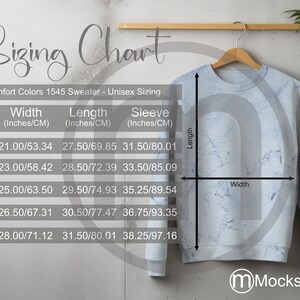 Comfort Colors 1545 Sweater Sizing Cart, Unisex Mockup, Imperial en metrische maten inbegrepen, inches en centimeters, Sweatshirt Mockup