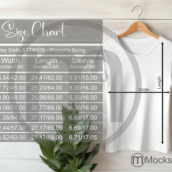 Stanley Stella STTW039 Jazzer Tshirt Sizing Chart Unisex Mockup, Imperial and Metric Sizes Included Inches and Centimeters Women's T-shirt