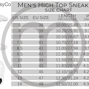 Smart Printee Men&#39;s High Top Sneakers AOP Size Chart All Over Print Mockup, Imperial Metric Sizes Included Inches Centimeters Black or White