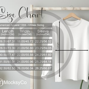 American Apparel 1304 Long sleeve T-Shirt Sizing Cart, Unisex Mockup, Imperial and Metric Sizes Included, Inches and Centimeters, TShirt