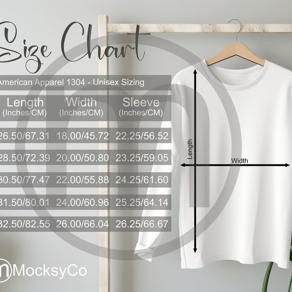 American Apparel 1304 Long sleeve T-Shirt Sizing Cart, Unisex Mockup, Imperial and Metric Sizes Included, Inches and Centimeters, TShirt