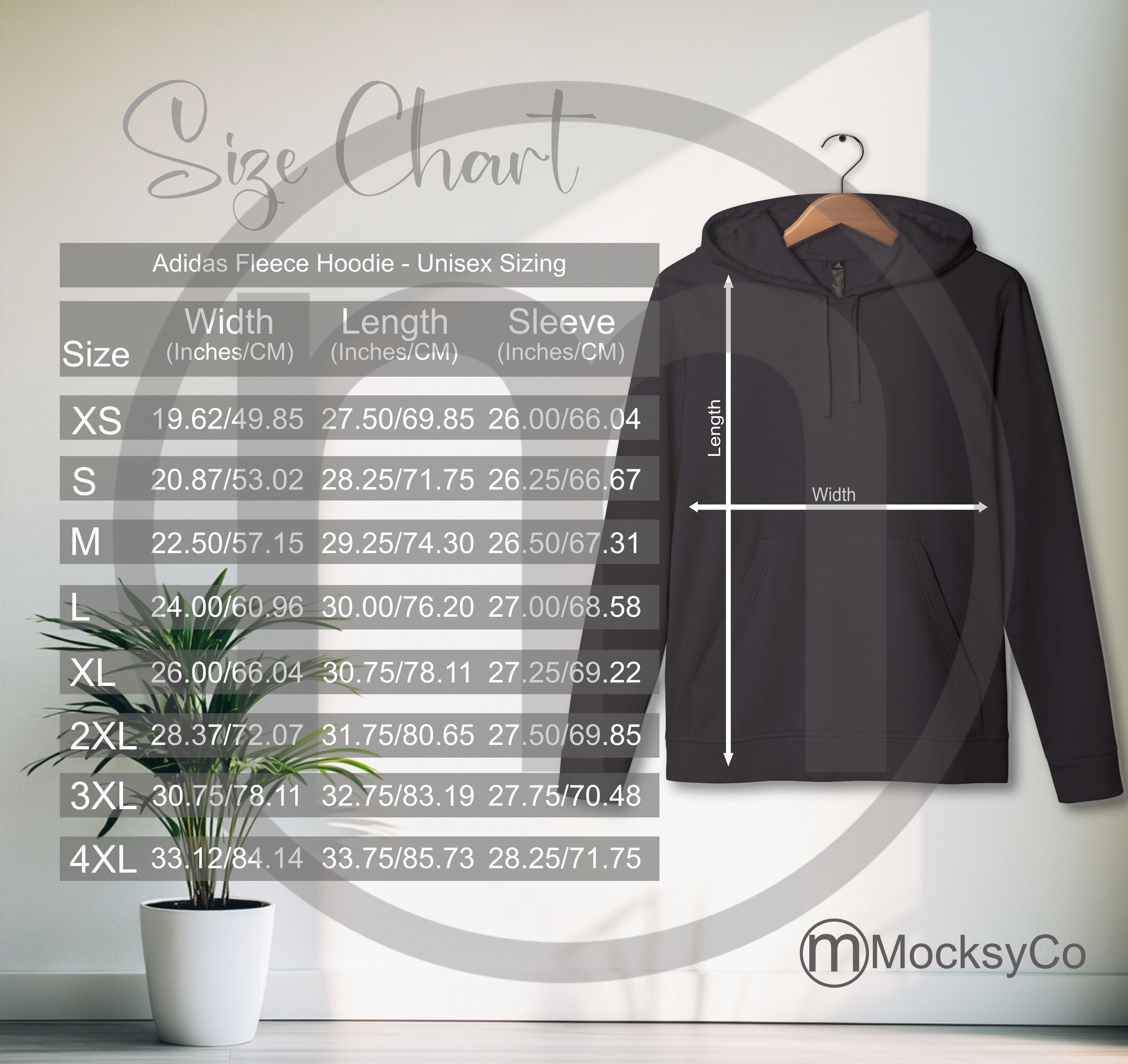 Adidas A432 Unisex Fleece Hoodie Sizing Chart, Unisex Mockup