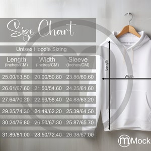 MWW Sudadera con capucha unisex AOP Tabla de tallas, maqueta de impresión completa, tamaños imperiales y métricos incluidos, pulgadas y centímetros, MWW a pedido
