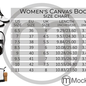 ArtsAdd Canvas dameslaarzen AOP maattabel Mockup met volledige print, imperiale metrische maten inbegrepen inch centimeter