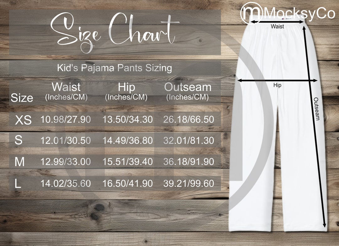 Miami Sublimation Kid's Pajama Pants AOP Size Chart All Over Print Mockup, Imperial Metric Sizes
