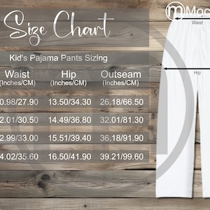 Miami Sublimation Kid&#39;s Pajama Pants AOP Size Chart All Over Print Mockup, Imperial Metric Sizes Included Inches Centimeters