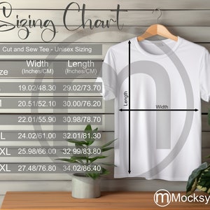 MWW knippen en naaien Tee T-shirt maatwagen, imperiale en metrische maten inbegrepen, inches en centimeters, Unisex TShirt Mockup, MWW On Demand