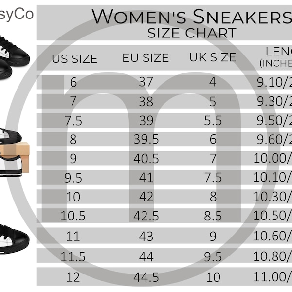 ArtsAdd Women's Sneakers AOP Size Chart All Over Print Mockup, Imperial Metric Sizes Included Inches Centimeters Shoe size chart Conversion