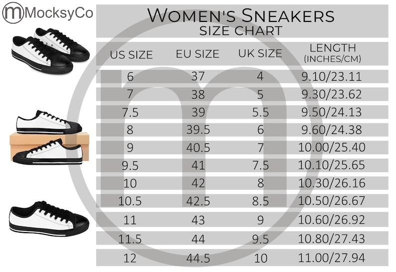 Artsadd Women's Sneakers AOP Size Chart All Over Print Mockup, Imperial ...