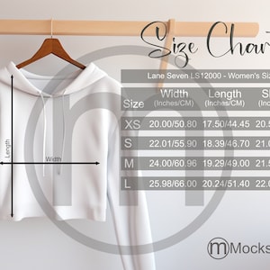 Lane Seven LS12000 Crop Hoodie Sizing Cart, Unisex Mockup, imperiale en metrische maten inbegrepen inches en centimeters Sweatshirt Mockup