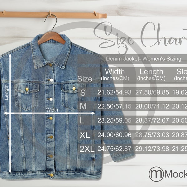 MWW Women's Denim Jacket Size Chart Mockup, Imperial Metric Sizes Included Inches Centimeters, MWW on Demand