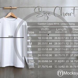 Comfort Colors 6014 T-shirt met lange mouwen Kleurenwagen, Unisex Mockup, imperiale en metrische maten inbegrepen, inches en centimeters, 6014 Mockup
