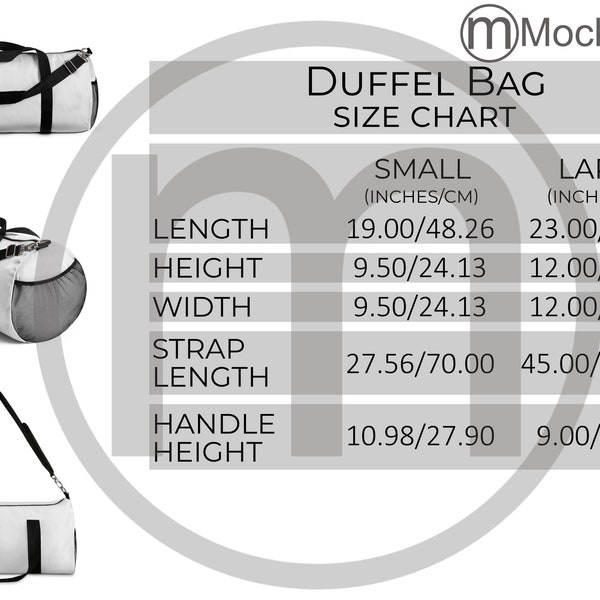 MWW Duffel Bag AOP Size Chart, All Over Print Mockup, Imperial Metric Sizes Included Inches Centimeters, Printify Product